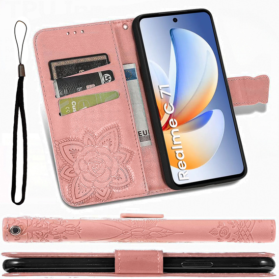 Flip case for Realme C71, Butterfly, pink rose gold