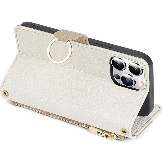 Flip case for iPhone 15 Pro Max, Wallet Zipper Pocket, with mirror, white