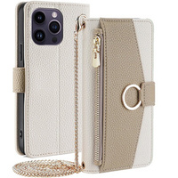 Flip case for iPhone 15 Pro, Wallet Zipper Pocket, with mirror, white