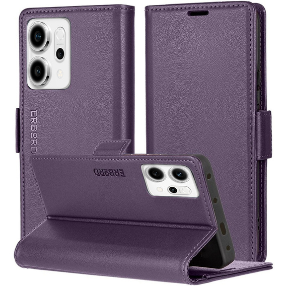 Case for Oppo Reno 14, ERBORD Glossy Litchi, wallet with flap, purple
