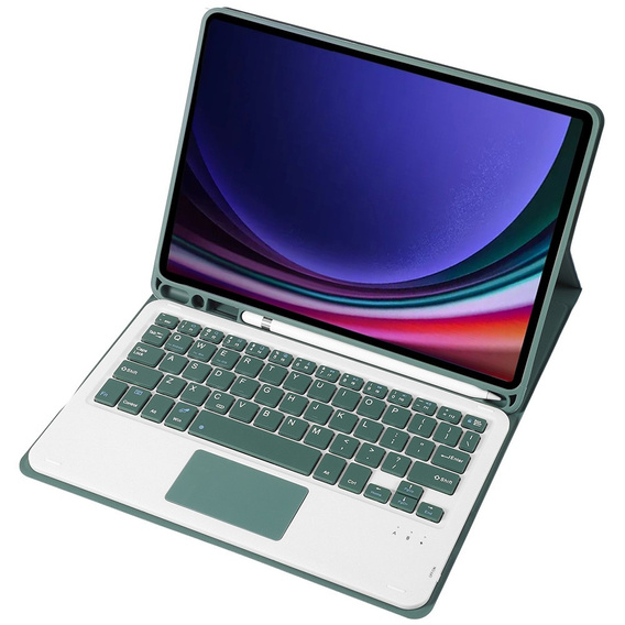 Case + keyboard Samsung Galaxy Tab S9, Leather Pen Slot TouchPad, dark green