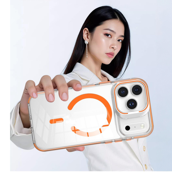 Case for iPhone 17 Pro Max, for MagSafe, with stand, transparent with orange inserts