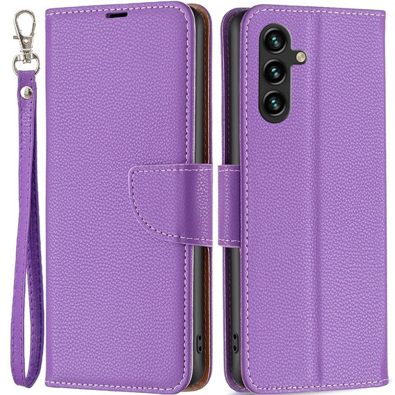 Flip case for Samsung Galaxy A15, Wallet Litchi Leather, purple + 9H glass