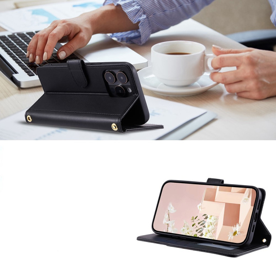 Flip case for iPhone 16 Pro Max, Rhombus Crossbody Leather, black