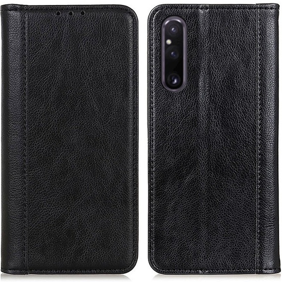 Case for Sony Xperia 1 V, Wallet Litchi Leather, black