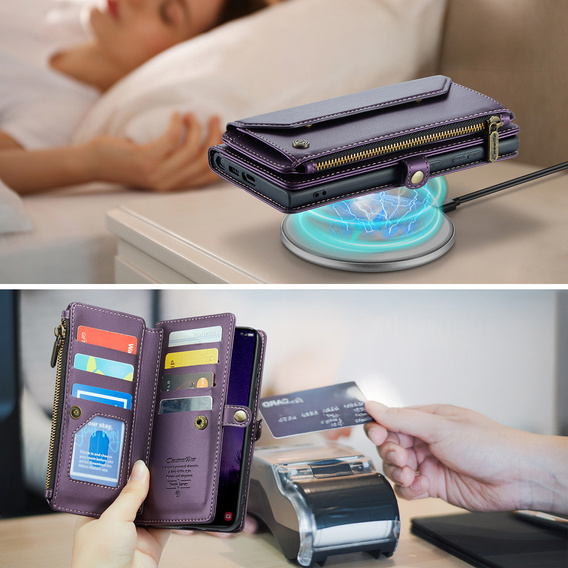 Case CASEME for Samsung Galaxy S25 FE, RFID Leather Wallet, with shoulder strap, purple