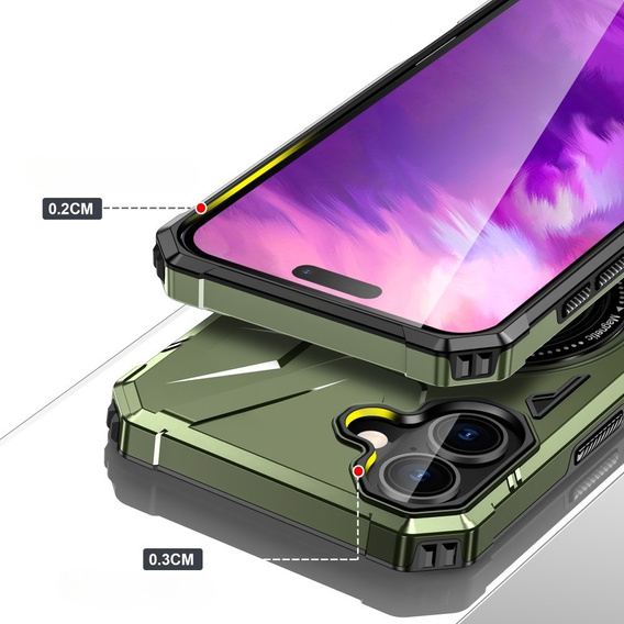 Case for iPhone 16, armored with stand and handle plate, green