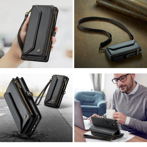 Case CASEME for Samsung Galaxy A55 5G, RFID Leather Wallet, with shoulder strap, black