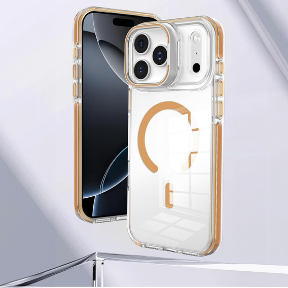 Case for iPhone 17 Pro Max, for MagSafe, with stand, transparent with gold inserts