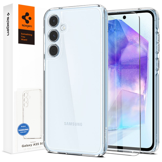 Spigen case for Samsung Galaxy A55 5G, Ultra Hybrid, transparent + 9H Tempered Glass