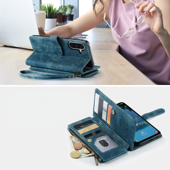 CASEME case for Samsung Galaxy A56 5G, Leather Wallet Cash and Card Slots, with strap, blue