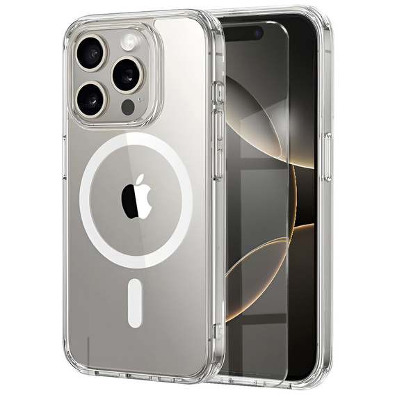 MagSafe Magnetic Case for iPhone 16 Pro Max, ERBORD CrystalMag, transparent + Glass for screen