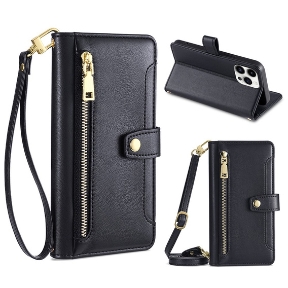 Flip case for iPhone 15 Pro, Wallet Zipper Pocket, black
