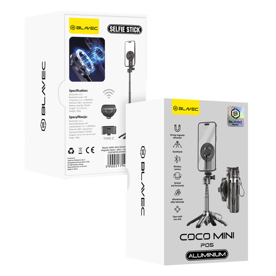Selfie Stick Aluminium with tripod function and Bluetooth remote control, for smartphones