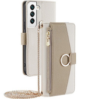 Flip case for Samsung Galaxy S22, Wallet Zipper Pocket, with mirror, white