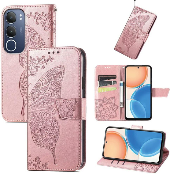 Flip case for Vivo Y19s, Butterfly, pink rose gold