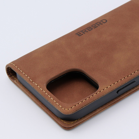 Case for iPhone 15, ERBORD Vintage, wallet with flap, brown