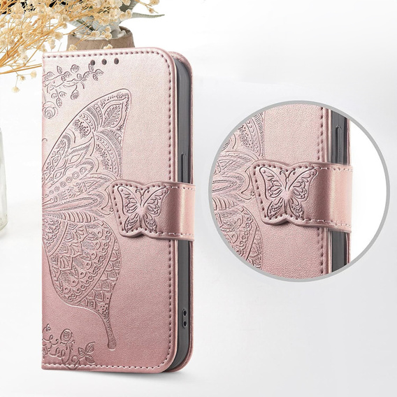 Flip case for Xiaomi Redmi 15C 4G/LTE, Butterfly, pink rose gold