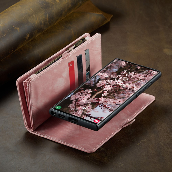 CASEME case for Samsung Galaxy S25 Ultra, Retro Leather Wallet, with strap, pink