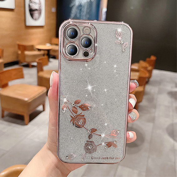 Case for iPhone 13 Pro, Glitter Flower, pink rose gold
