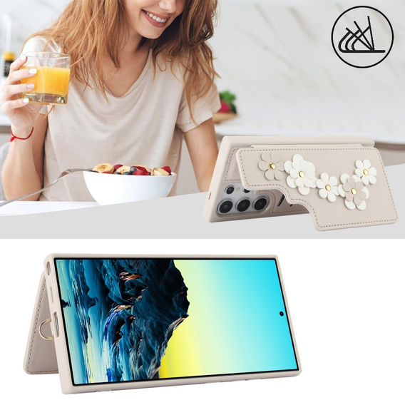 Case for Samsung Galaxy S24 Ultra, Leather Flower Card Slot, beige