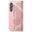 Flip case for Samsung Galaxy A15, Butterfly Flower, pink rose gold + 9H glass