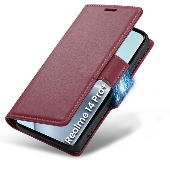 Case for Realme 14 Pro+ 5G, ERBORD Glossy Litchi, wallet with flap, red