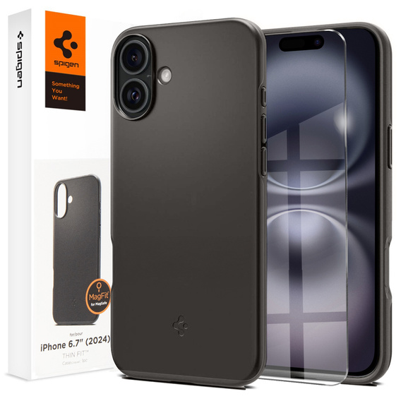 Spigen case for iPhone 16 Plus, Thin Fit Mag, grey + 9H tempered glass