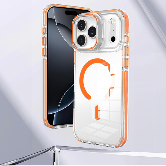 Case for iPhone 17 Pro Max, for MagSafe, with stand, transparent with orange inserts