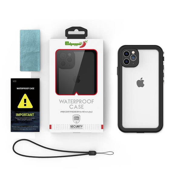 IP68 Waterproof Case for iPhone 11 Pro, Redpepper Dot+, black