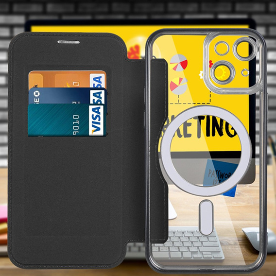 Flip case for iPhone 14, RFID Wallet MagSafe CamShield, black
