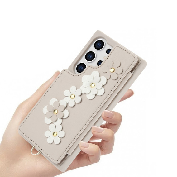 Case for Samsung Galaxy S24 Ultra, Leather Flower Card Slot, beige