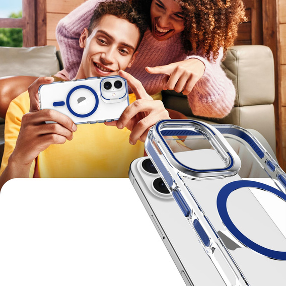 Case for iPhone 17, for MagSafe, with stand, transparent with dark blue inserts