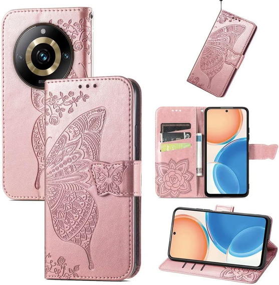 Flip case for Realme 11 Pro / 11 Pro +, Butterfly, pink rose gold