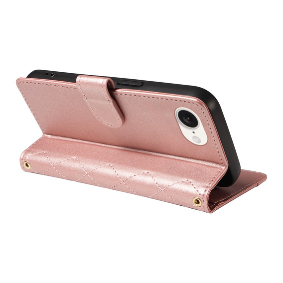 Flip case for iPhone 16E, Rhombus Crossbody Leather, pink rose gold