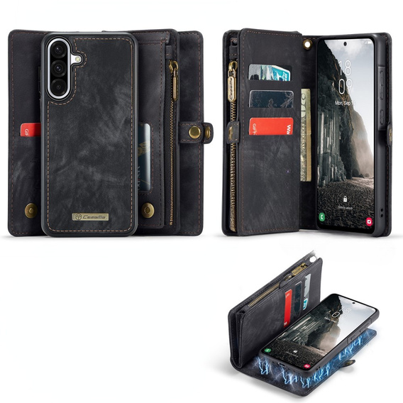 CASEME case for Samsung Galaxy A56 5G, Retro Leather Wallet, with strap, black