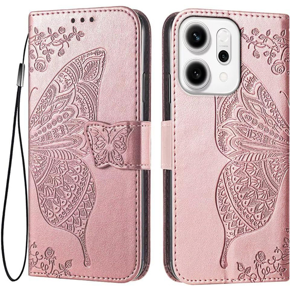 Flap case for Oppo Reno 14, Butterfly, wallet, rose gold