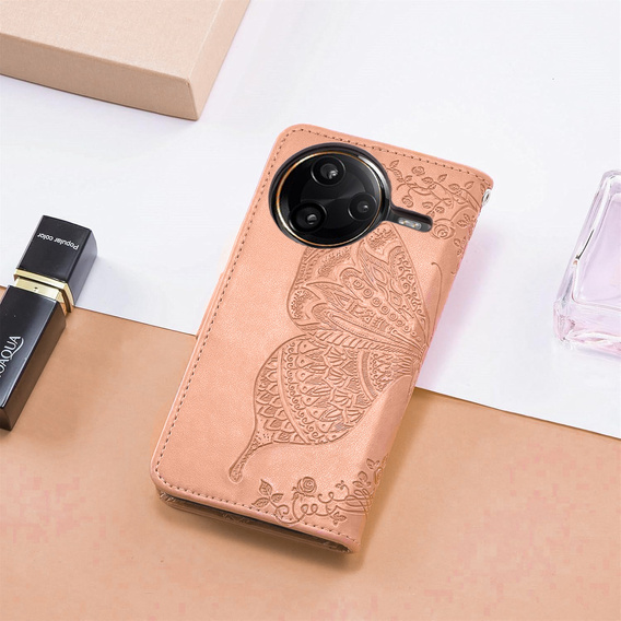 Flip case for Xiaomi Poco F7 Pro, Butterfly, pink rose gold