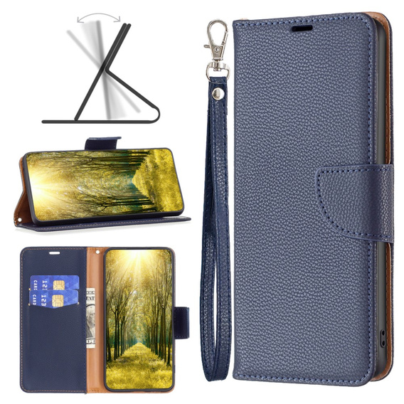 Flip case for Samsung Galaxy A25 5G, Wallet Litchi Leather, dark blue + 9H glass