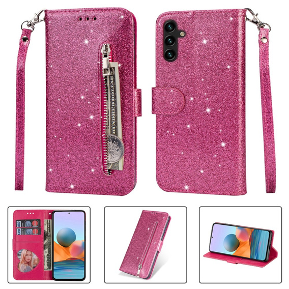 Flip case for Samsung Galaxy A55, Wallet Zipper Pocket Glittery, pink