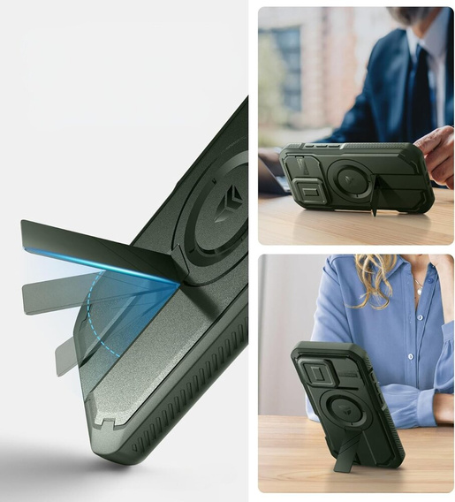 Armored case for iPhone 16 Pro, Dexnor CamProtect MagSafe, green (Two frames)