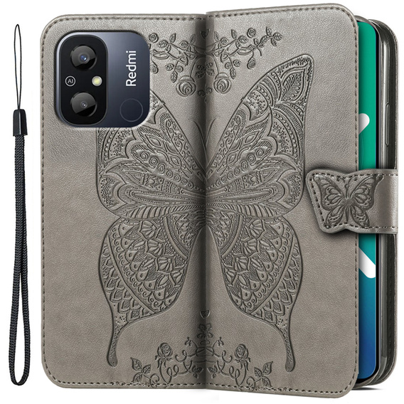 Flip case for Xiaomi Redmi 12C, Butterfly, grey