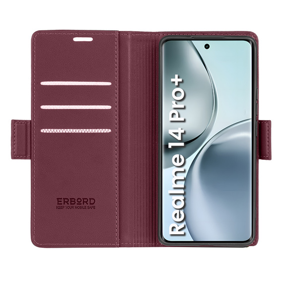 Case for Realme 14 Pro+ 5G, ERBORD Glossy Litchi, wallet with flap, red