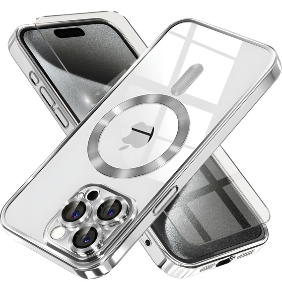 Case for iPhone 15 Pro Max, Electro MagSafe, silver + Screen Glass
