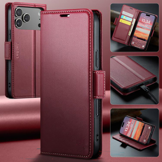 ERBORD Glossy Litchi case, flip wallet for iPhone 17 Pro Max