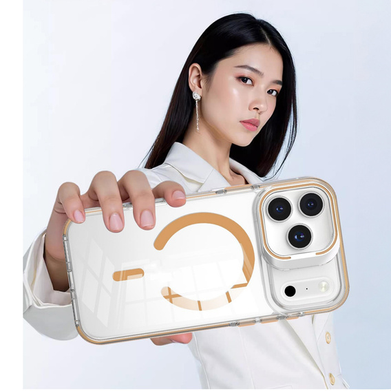 Case for iPhone 17 Pro Max, for MagSafe, with stand, transparent with gold inserts