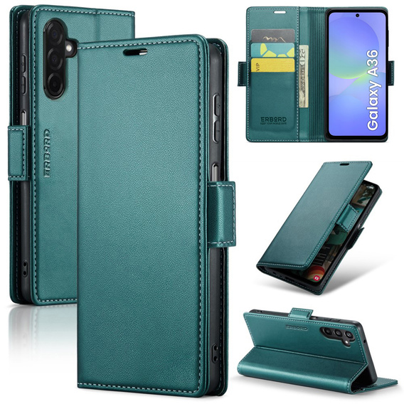 Case for Samsung Galaxy A36, ERBORD Glossy Litchi, wallet with flap, green