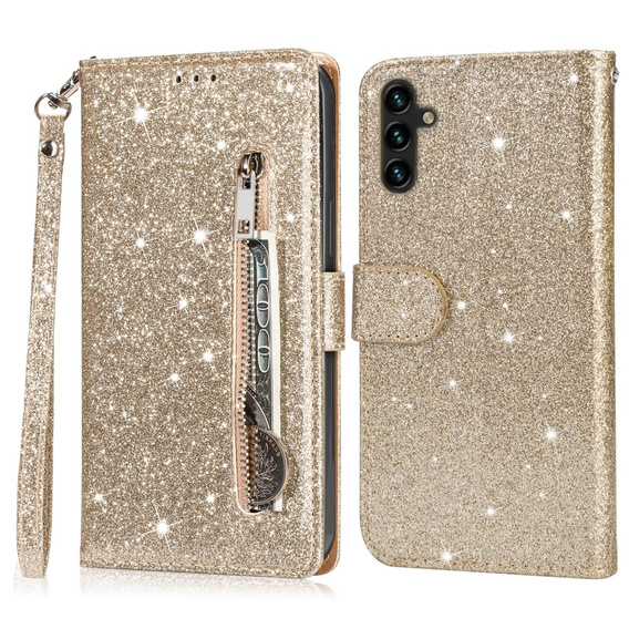 Flip case for Samsung Galaxy A36 5G, Wallet Zipper Pocket Glittery, gold