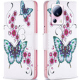 Flip case for Xiaomi 13 Lite, Wallet, butterfly & flowers, white