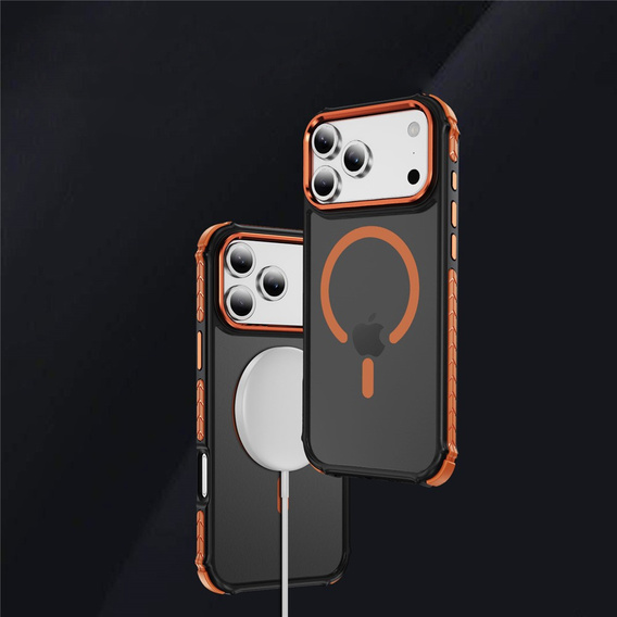 Matt Case for iPhone 17 Pro Max, armoured, for MagSafe, smoky with orange sides